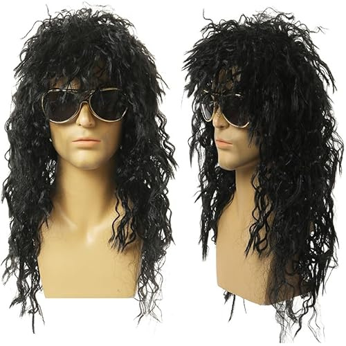 SDXCJY 70er 80er Jahre Disco-Perücke, Rockstar Heavy Metal, schwarze lockige Perücke, Herren-Rock-Kostüm-Perücke, langer lockiger Hut, schwarzer Rocker-Party (schwarz) (black)