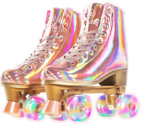 JajaHoho Roller Skates for Women, Holographic High Top Classic Rollerskates, Rosegold Shiny Double-Row Four Pink Glitter Wheels Quad Skates Girls Indoor Outdoor (Rose Gold, Size 8)