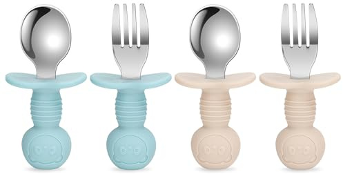 MOJINL Lot de 4 couverts pour bébé à partir de 1 an - En silicone sans BPA - Couverts pour enfant - Cuillère en acier inoxydable - Fourchette - Poignées en silicone - Cuillère d'apprentissage avec