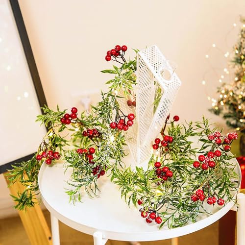 Lunaanda Christmas Decorations, 1.8 M Christmas Garland with 20 LED Lights, Red Berries and Holly Leaves for Christmas Tree Party Decorations, Fireplace, Staircase, and Doorway Decor