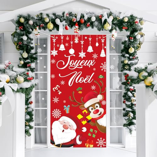 Bannière Joyeux Noël 180 x 90cm - Décoration Suspendue Rouge Pour Porche Extérieur - Père Noël, Cloche, Flocon de Neige, Renne, Étoile, Cadeau, Bonbon - Fête Nouvel An