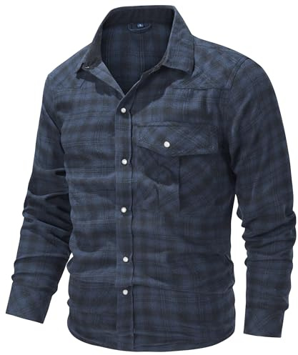 MakingDa Mens Flannel Checked Shirts Long Sleeve Winter Warm Check Shirt Regular Fit Lumberjack Plaid Casual Work Overshirts with Pockets-Blue-L