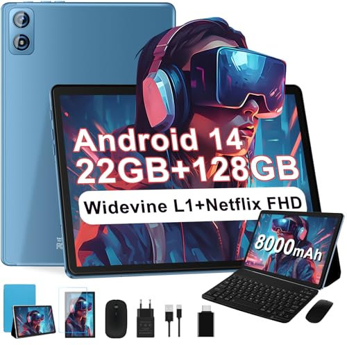 Dghrti 2025 Newest Tablet 10 pollici Android 14, 22GB RAM+128GB ROM/TF 1TB, 8-core 2.0GHz, 8000mAh, UFS 2.1 Flash, Corpo in Metallo, Doppio WiFi, BT5.0, 8+5MP, Widevine L1, Con Tastiera e Mouse, Blu