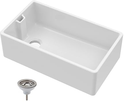 Balterley 795mm Belfast Kitchen Sink Single Bowl with Waste & Built-in Weir Overflow, Durable Belfast Fireclay White Ceramic Kitchen Sink Bowl, Reversible Farmhouse Sinks - 795 x 455 x 245mm (White)