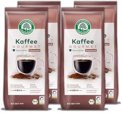LEBENSBAUM 4 x Bio Kaffee Gourmet Klassisch, gemahlen, Bio Kaffee aus Arabica-Bohnen gemahlen, Intensität 3/5, ausgewogener, aromatischer Genuss, 4 x 500 g