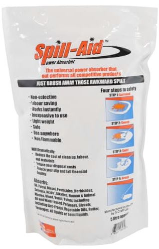 Spill-Aid Power Absorber 5L Pack – Lightweight Non-Toxic Spill Clean-Up Powder for Oil, Fuel, Chemicals, and Liquids – Safe for All Surfaces Oil Absorbent Granules/Powder