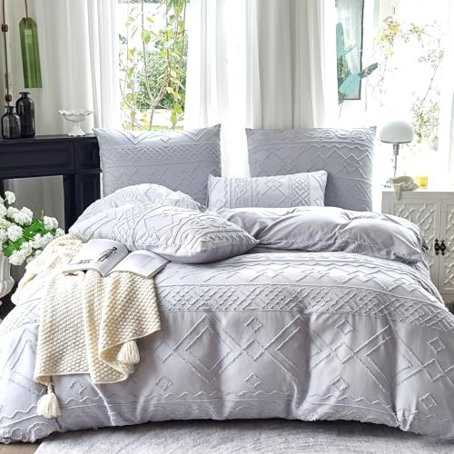 Amolavet Boho Bettwäsche 200x200 Grau Getuftet 3 teilig Set für Doppelbett Sommer Bettwäsche Weiche Mikrofaser Bügelfreie mit Reißverschluss Aesthetic Vintage Boho Deko Bettwaren