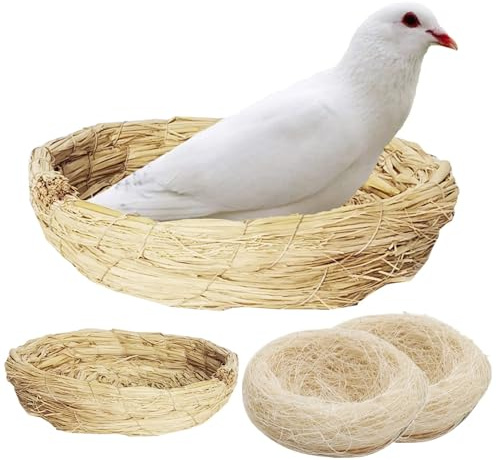 PINVNBY Nid d'oiseau tissé à la main avec doublure en fibre de noix de coco - Base plate - Paille - Nid d'oiseau - Pour colombe, colombe, perroquet, tortue, caille, macaw, coucou, moineau