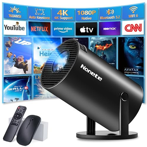 Mini Projector 4K 1080P Full HD Video Portable Projector Support with WiFi 6 & Bluetooth 5.2, Auto Keystone Adjustment Built-in Apps Smart with 270° Rotation for USB/TV Stick/HDMI