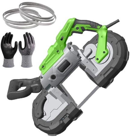 pedenencelia Sega A Nastro Portatile, Sega A Nastro per Metallo, Luce LED Integrata, Diametro di Taglio di 4,72 Pollici, con Lama per Sega di 3 Dimensioni (6 Pezzi) E 1 Guanto,Withoutbase