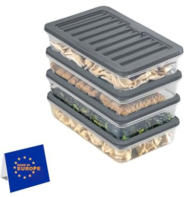 IDOBY Stapelbare Frischhaltedosen, Vorratsdosen-Set, Gefrierfach & Kühlschrank Organizer mit Deckel, Frostfest bis -25°C, Wiederverwendbare Aufschnittboxen (4x1200)