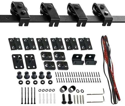 Kit de hardware para puerta corredera, kit de rieles para puertas de granero, 4,8 pies para puerta de granero, juego de hardware en de T, ruedas negras para armario, accesorio para apartamento