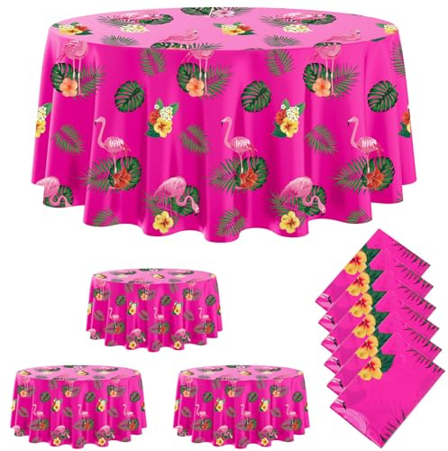 Oudain 6 Pcs Hawaiian Flamingo Tablecloths 84 Inch Disposable Round Plastic Tropical Table Covers for Luau Beach Birthday Pool Party Summer Decorations(Pink)