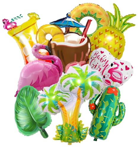 9 Stück Hawaii Party Folienballon ，Flamingo Geburtstags Deko, Folienballon Flamingo Frucht,Hawaii Ballons für Geburtstag Sommer Tropical Aloha Strandparty