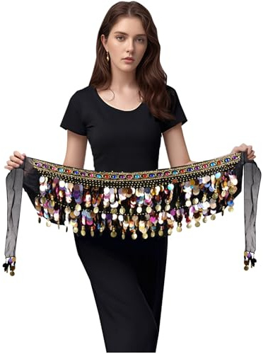Women's Belly Dance Hip Scarf with Coins & Sequins, Performance Belly Dancing Skirt Wrap Waist Chain Belt for Festival Dance (US, Alpha, One Size, Regular, Short, Black)