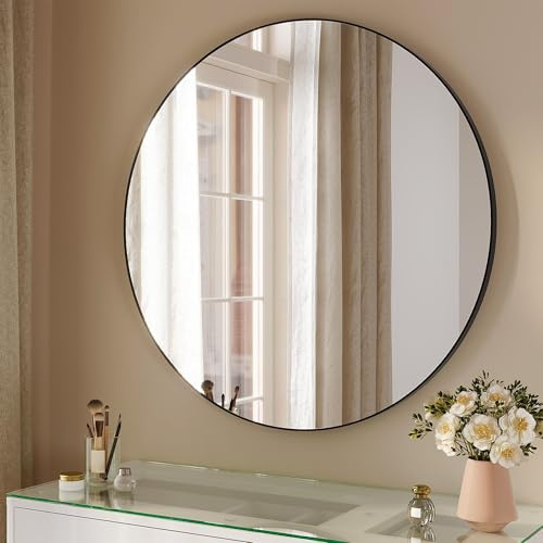 SUNXURY Schminkspiegel 80cm Runder, Kosmetikspiegel schwarzem Rahmen Modern Großer HD Spiegel Wandmontage, für Badezimmer, Schlafzimmer und Eingangsbereich
