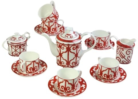 ZFIHAV Set da caffè rosso for la casa, tazza in porcellana, piattino, bricco for il latte, barattolo di zucchero, set da tè nero, stoviglie, stoviglie da cucina