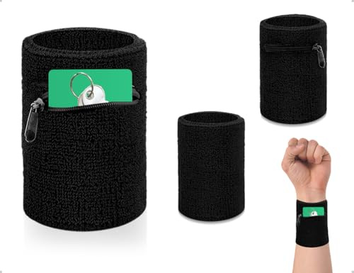 AOYEGIC 2 stycken svettband handled, svettband handledsväska med praktisk ficka med dragkedja, för löpning, basket, fotboll, tennis, cykling (svart)