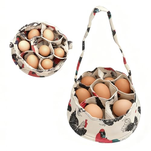 TNSLAND Cesta para Recoger Huevos de 20cm, con 7 Bolsas, Portátil Mini Cesta Resistente de Lona para Recoger Huevos con Asa, para Mantener Calientes de Gallina, para Granjas, Gallineros (Beige)