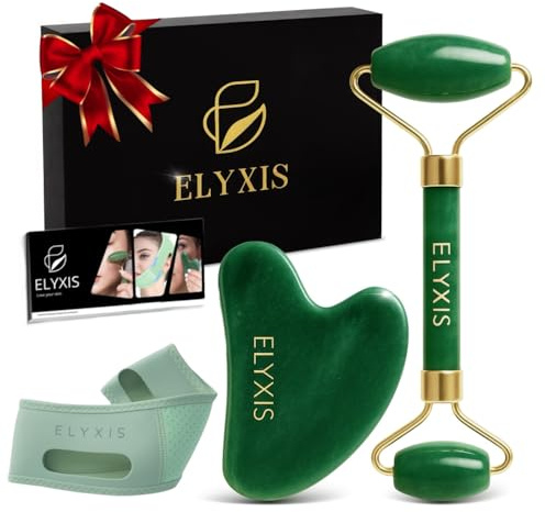 Guasha Set mit Gua Sha Stein, Jade Roller Gesicht, Face Massager und Gesichtsroller – Massage Gesicht Zubehör mit Kinn-Gurt gegen Doppelkinn – Premium Geschenkset für Frauen