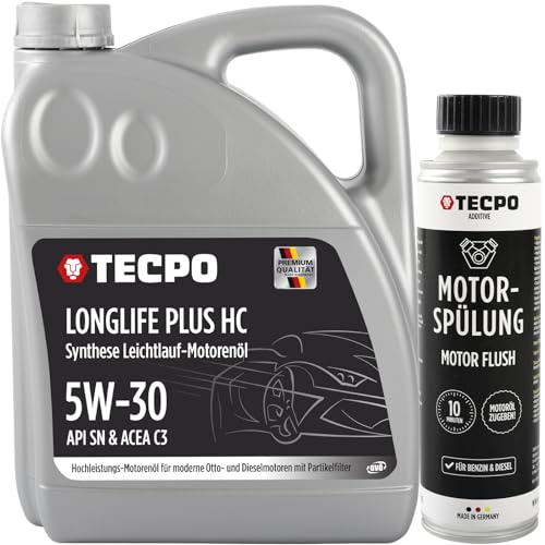 TECPO Motoröl 5 Liter 5W-30 LONGLIFE Plus HC Synthese ACEA C3 API SN mit Motorspülung Motor Flush