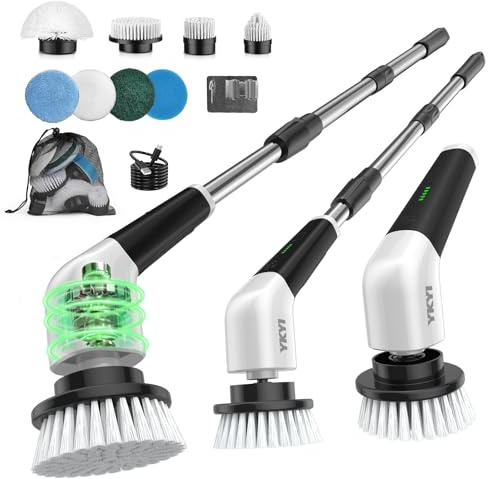 YKYI Electric Spin Scrubber- Cordless Electric Cleaning Brush,Shower Scrubber 2 Speeds,8 Brush Heads,IPX7 Waterproof,Adjustable Long Handle for Bathroom, Tub,Tile,and Car