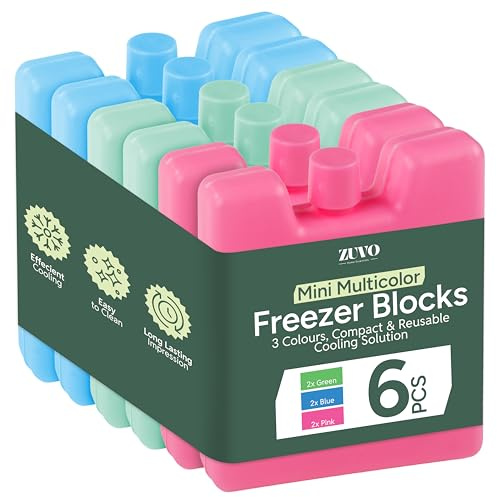 Zuvo Freezer Blocks 6 Pack, Reusable Ice Packs for Coolers, Lunch Boxes | 6 reusable blocks, leakproof food-safe plastic, slim fit for lunch boxes, cooler bags, 3 colors