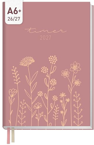 Häfft® Chäff-Timer Mini Taschenkalender 26/27 A6+ Fine Flowers rosé | 17 Monate Terminkalender klein von Aug. 2026 - Dez. 2027 handlicher & praktischer Wochenplaner für Hand- & Hosentasche