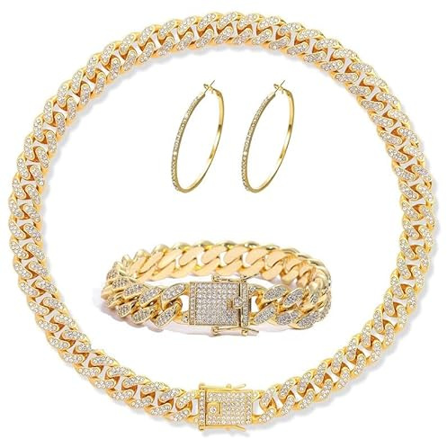 Xiaoliny Set di Gioielli Donna Collana Catena Cubana Bracciale e Orecchini Cerchio con Zirconia Elegante Hip Hop Sets di 3 Pezzi Oro/Argento Parure Gioielli per Donne e Ragazze Feste Look Quotidiano