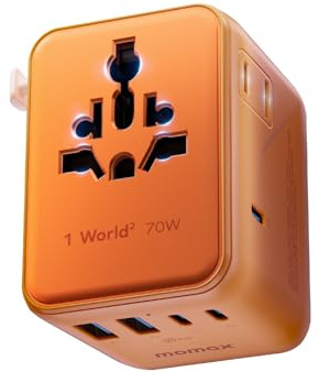 MOMAX Adattatore Universale da Viaggio GaN 70 W, Presa Universale da Viaggio con 3 USB-C e 2 USB-A e 2 AC, Adattatore da Viaggio Italia Inghilterra Germania America Australia e 224+ Paese(arancione)