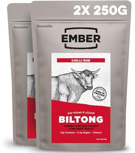 Ember Biltong de Bœuf Chilli 500 g - Viande Séchée Beef Jerky Riche en Protéines - En-cas Faible en Gras, Sans Sucres Ajoutés, Keto, Sans Colorants ni Arômes Artificiels - 2 Sacs Refermables de 250 g