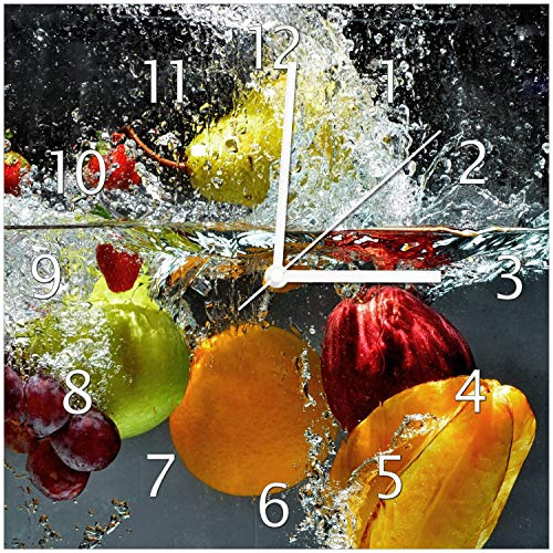 Wallario Design-Wanduhr Früchte im und unter Wasser - Splashing Fruits aus Glas, Motiv-Uhr Größe 30 x 30 cm, weiße Zeiger