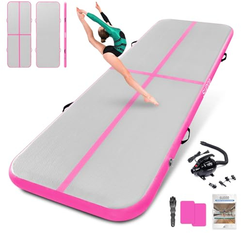SUDOO 10ft Inflatable Gymnastics Mat Air Floor Track Tumbling Mat Fitness Gym Mat Yoga Exercise Mat Yoga Martial Arts for Home Outdoor Training Electric Air Pump(3M Pink)
