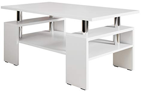 Mirjan24 Couchtisch Cube mit Ablage (Weiß) | Rechteckiger Kaffeetisch mit praktischer Ablage und Chromakzenten für Fernbedienung, Bücher oder Tablet