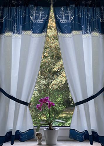 Leinenshop24 Landhaus Retro Gardinen Set 2 St + 2 Bindebänder Weiß Blau Maritim mit Spitze 140x80cm/Gesamt 160cm breit 100% Baumwolle Greta
