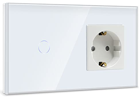 BSEED Touch Lichtschalter mit Steckdose 1 Fach 1 Weg Wandschalter mit LED Anzeige Unterputz Touchscreen-schalter mit Glasrahmen 157mm Weiß 500W(Nicht Smart Schalter)