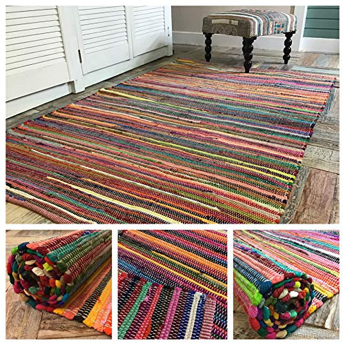 Second Nature Online - Tappeto multicolore in tessuto riciclato, intrecciato a mano, con motivo etnico indiano, misura piccola, media, grande, Mix di cotone, multicolore, 70 x 140 cm