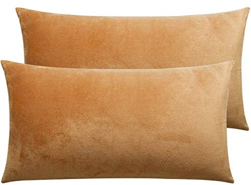 NTBAY 2 Pack Zippered Velvet King Pillowcases, Super Soft and Cozy Luxury Fuzzy Flannel Pillow Cases with Zipper, 20x36 Inches, Camel