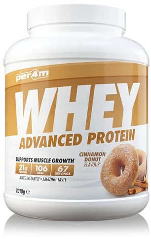 Per4m Whey Protein Powder | High Protein Shake for Muscle Growth & Recovery | Low Sugar Gym Supplement | Sports Nutrition Drink + Amino Acids (2010g, Cinnamon Donut)