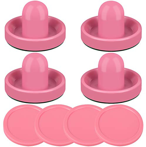 Air Hockey Pushers and Pink Air Hockey Pucks, Goal Handles Paddles Replacement Accessories for Game Tables (4 Striker, 4 Puck Pack) (Pink & Pink)