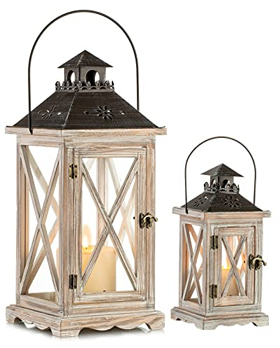 Romadedi Laterne Holz Groß Holzlaternen - Windlicht Gartenwindlicht 2 Stück Set, Rustikale Landhaus Kerzenständer für Kerzen Vintage Hochzeit Weihnachten Tischdeko Innen und Draußen Deko 28cm/48cm