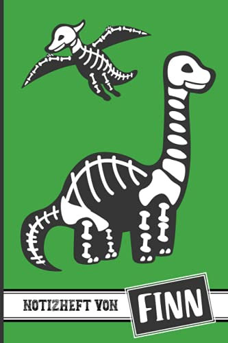 Kariertes Heft mit Namen Finn: Personalisiertes Heft kariert mit Name Finn im coolen Dinosaurier Design für die Schule ein schönes Geschenk für Jungs mit Vornamen Finn