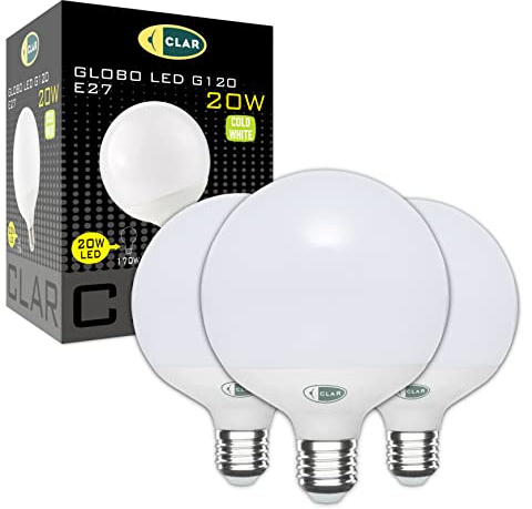 CLAR - Ampoule Globe LED E27, Grosse Ampoule Décorative Ronde, 6000ºK 20W (Pack 3)