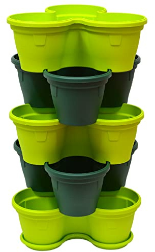 Engelland 5X Blumentopf, Säulentopf, Pflanzturm, Hochbeet, Pflanztopf-Kübel mit Untersetzer, stapelbar, widerstandsfähig, Kunststoff, für Außenbereich, 55 Liter, Farbmix: Moosgrün/Grün
