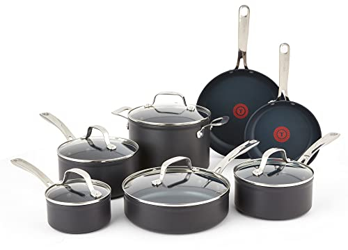 T-fal Platinum Hard Anodized Nonstick Cookware Set 12 Piece Oven Broiler Safe 500F, Lid Safe 350F Pots and Pans, Dishwasher Safe Black