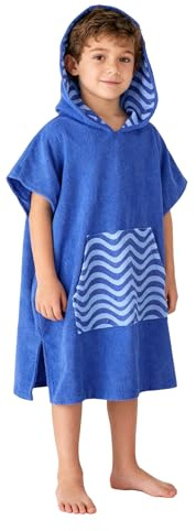 MissShorthair Towel Poncho for Kids, Hooded Beach Towel for Girl&Boy, Surf Poncho Swim Changing Robe Microfiber Bath Towel 7-10 Years Blue Stripes