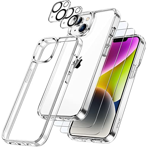 JETech 5-in-1 Hülle für iPhone 14 Plus, Anti-Vergilbung, Durchsichtig | 2 Gehärtete Glas Schutzfolien, 2 Kameraschutz Folien, Stoßfest Handyhülle