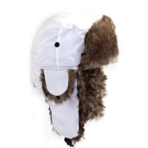 DEPAJA Russische Mütze Herren Damen Unisex Warme Trapper Aviator Trooper Ohrenklappen Winterklappen Skimütze Bombermützen Russische Skimütze Kunstpelzmützen,Weiß,50-60Cm