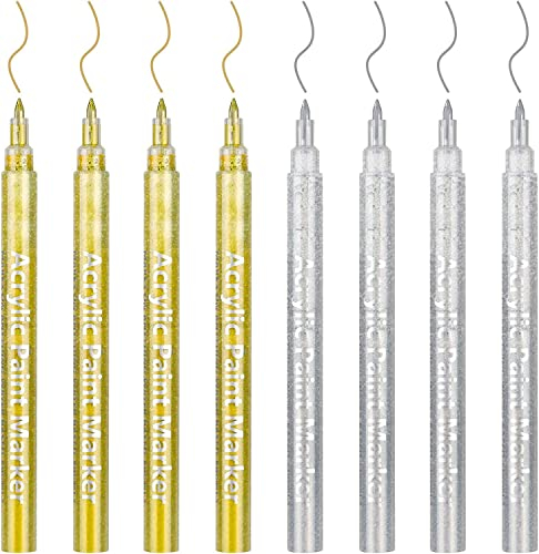 DONQL 8Pcs Acrylfarbe Stift 0.7mm Metallic Permanent Acryl Marker Set Gold Silber Glas Glitter Farbe Stifte für Stoff Glas Rock Holz Keramik Leder (4gold+4silber)