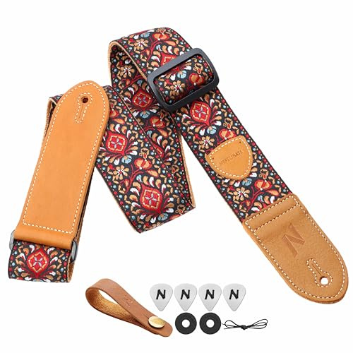 Nefelibata Gitarrengurt,2 Doppelte Lederenden,Vintage Woven W/FREE BONUS-4 Picks+Strap Locks+Strap Button,Bestes Geschenk für Bass,Elektro&Akustik Gitarren für Gitarre(Vintage rot-gelbe Stickerei)